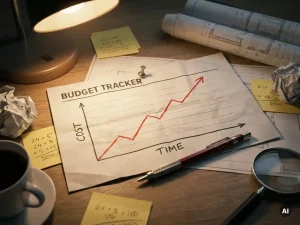 Budgetübersicht mit roter Kostenkurve auf einem Ingenieursschreibtisch, umgeben von technischen Zeichnungen und Haftnotizen.