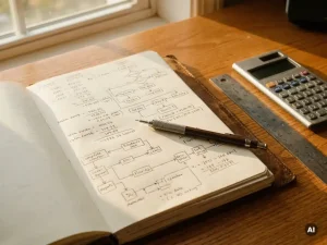 Aufgeschlagenes Leder-Notizbuch mit handgeschriebenen Kostenplänen, Druckbleistift, Taschenrechner und Stahllineal auf Eichenholzschreibtisch.