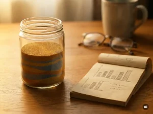 Glasgefäß mit horizontalen Sandschichten auf Eichenholztisch, daneben Notizblock mit Balkendiagramm-Skizzen, goldenes Abendlicht.