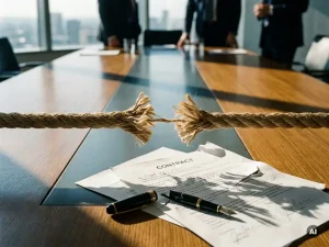 Straff gespanntes Tauziehseil auf einem Konferenztisch, in der Mitte ausgefranst, mit Vertragsunterlagen und gebrochenem Stift darunter.