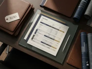 Schreibtisch mit einfachem Preisschild neben detaillierter Kostenaufstellung unter Glasplatte, flankiert von Ledermappe und Stift in Marine und Gold.